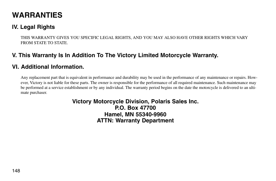 Warranties | Polaris 2003 Victory Vegas User Manual | Page 150 / 164