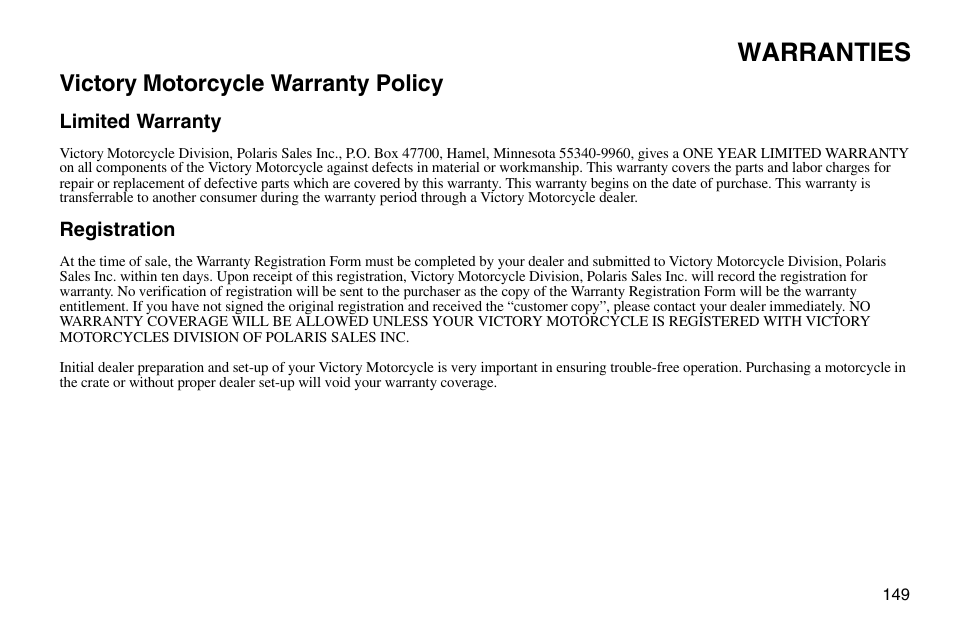 Warranties, Victory motorcycle warranty policy | Polaris 2003 Victory Vegas User Manual | Page 151 / 164