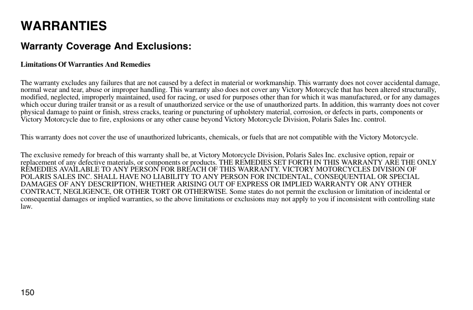 Warranties | Polaris 2003 Victory Vegas User Manual | Page 152 / 164