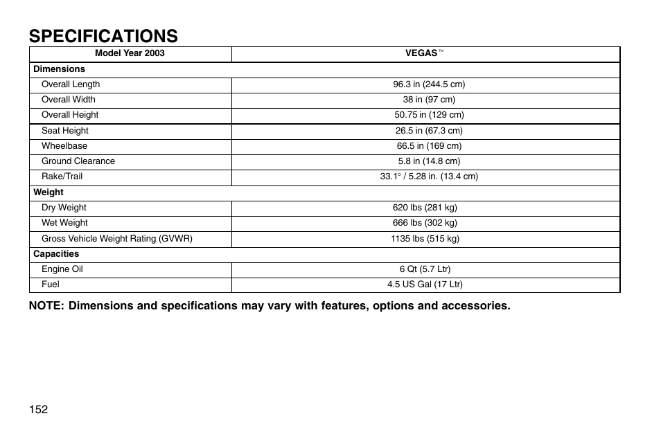 Specifications | Polaris 2003 Victory Vegas User Manual | Page 154 / 164