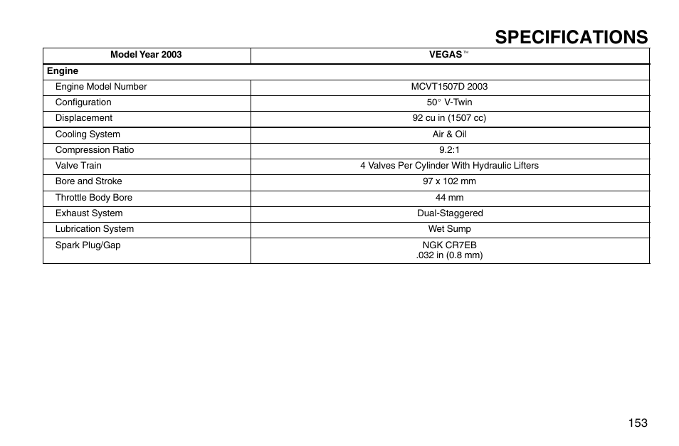 Specifications | Polaris 2003 Victory Vegas User Manual | Page 155 / 164