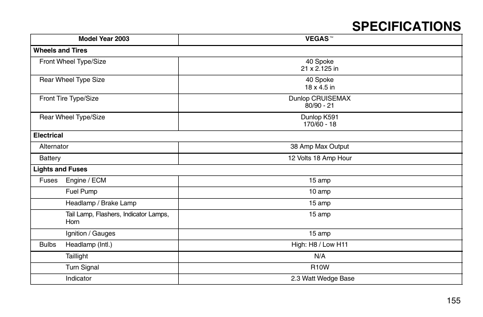 Specifications | Polaris 2003 Victory Vegas User Manual | Page 157 / 164