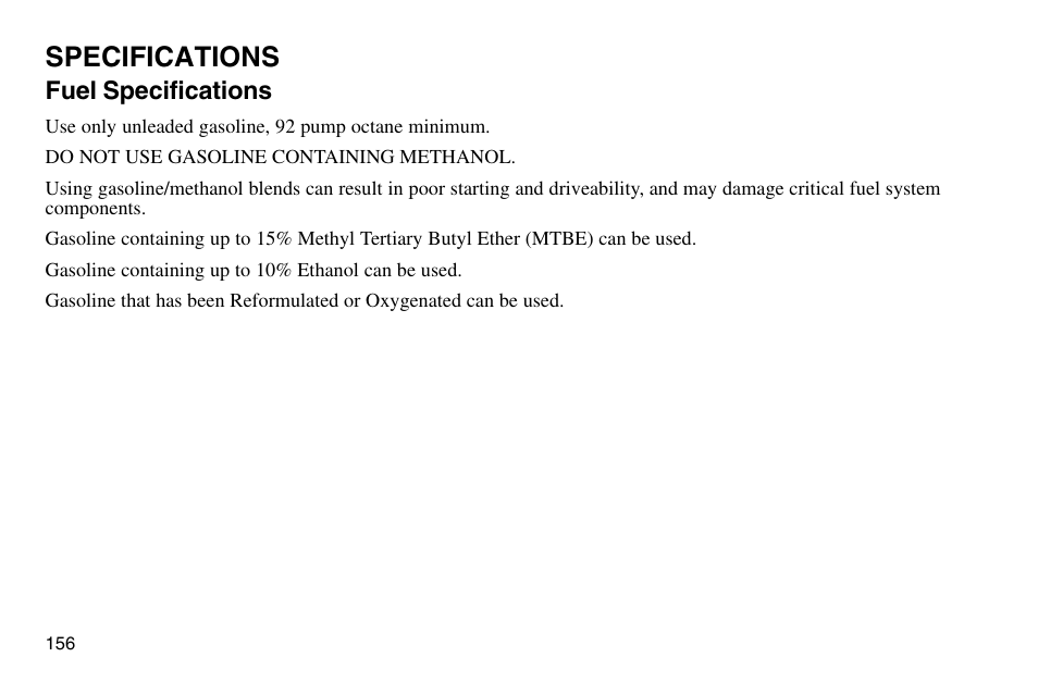 Specifications, Fuel specifications | Polaris 2003 Victory Vegas User Manual | Page 158 / 164