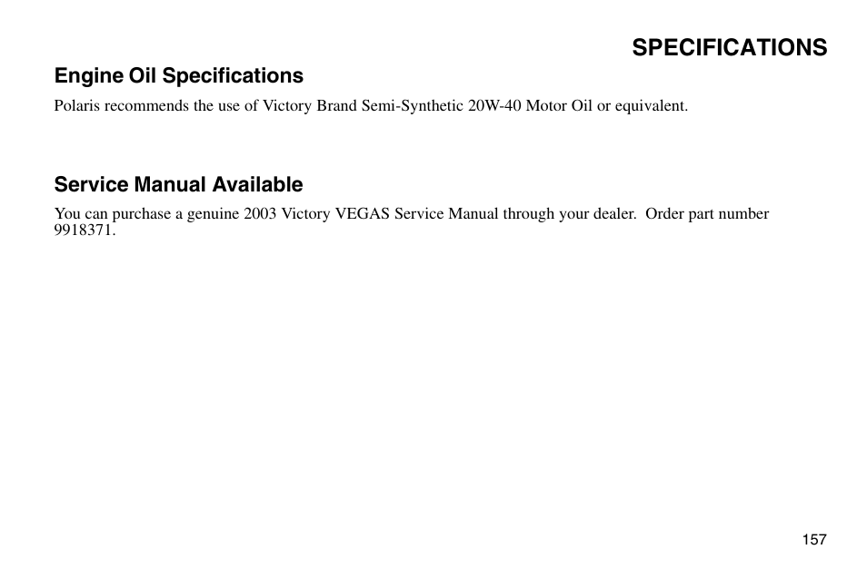 Specifications | Polaris 2003 Victory Vegas User Manual | Page 159 / 164