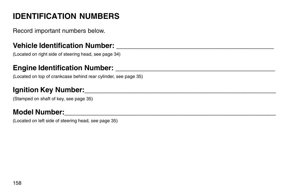 Identification numbers, Vehicle identification number, Engine identification number | Ignition key number, Model number | Polaris 2003 Victory Vegas User Manual | Page 160 / 164