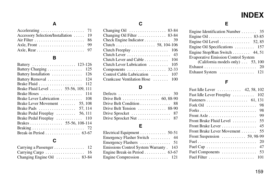 Index | Polaris 2003 Victory Vegas User Manual | Page 161 / 164