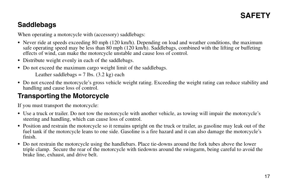 Safety, Saddlebags, Transporting the motorcycle | Polaris 2003 Victory Vegas User Manual | Page 19 / 164