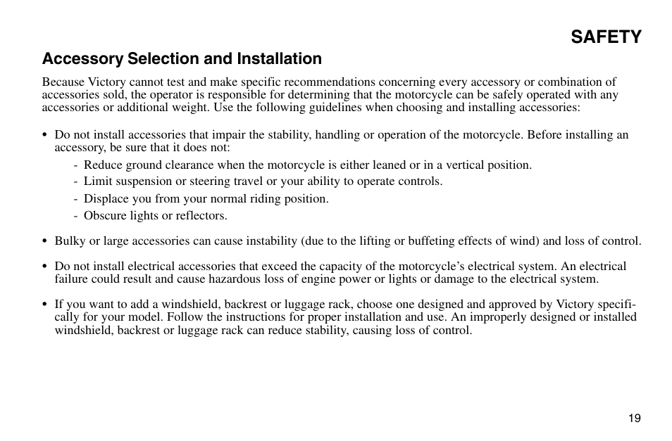 Safety, Accessory selection and installation | Polaris 2003 Victory Vegas User Manual | Page 21 / 164