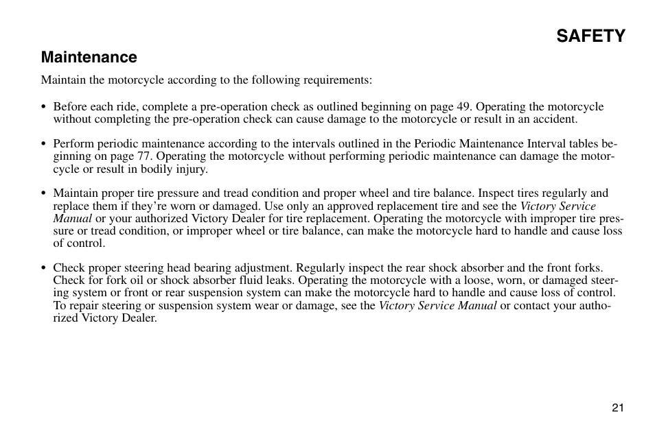 Safety, Maintenance | Polaris 2003 Victory Vegas User Manual | Page 23 / 164