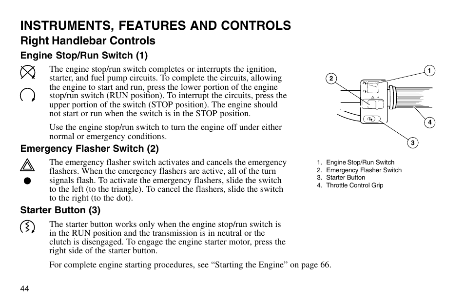 Instruments, features and controls, Right handlebar controls | Polaris 2003 Victory Vegas User Manual | Page 46 / 164