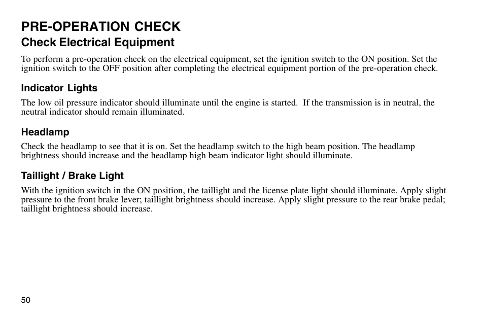 Pre-operation check | Polaris 2003 Victory Vegas User Manual | Page 52 / 164