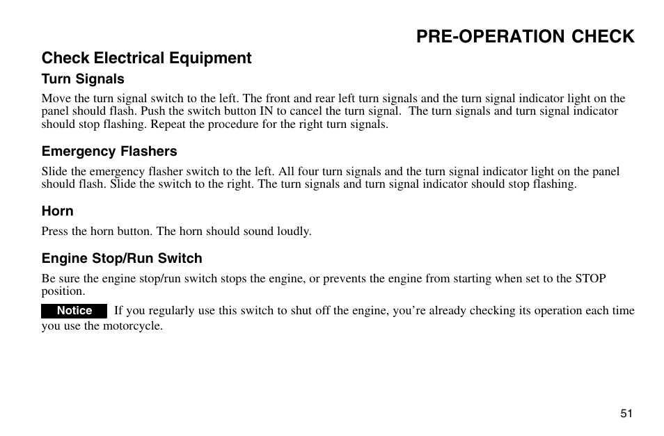 Pre-operation check, Check electrical equipment | Polaris 2003 Victory Vegas User Manual | Page 53 / 164