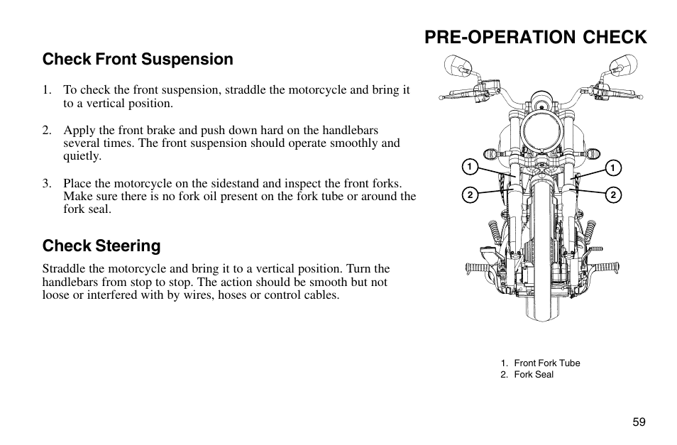 Pre-operation check, Check front suspension, Check steering | Polaris 2003 Victory Vegas User Manual | Page 61 / 164