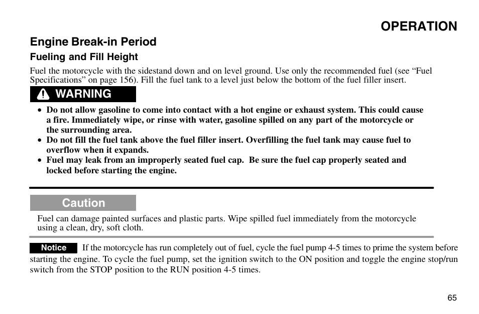 Operation, Engine break-in period, Warning | Caution | Polaris 2003 Victory Vegas User Manual | Page 67 / 164