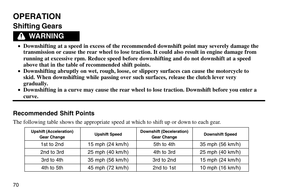 Operation, Shifting gears, Warning | Polaris 2003 Victory Vegas User Manual | Page 72 / 164