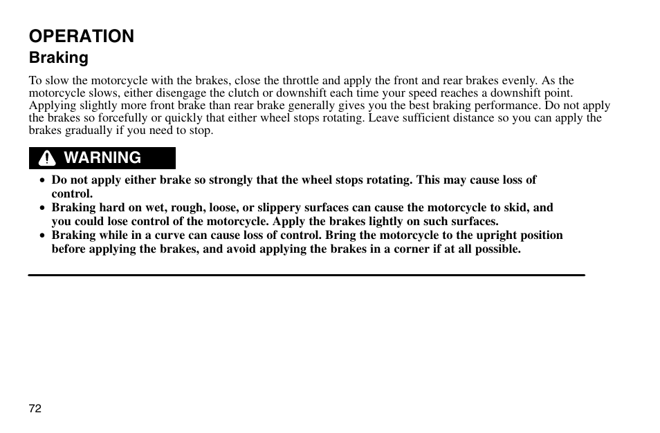 Operation, Braking, Warning | Polaris 2003 Victory Vegas User Manual | Page 74 / 164