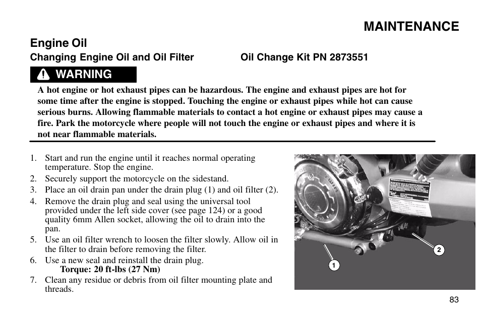 Maintenance, Engine oil, Warning | Polaris 2003 Victory Vegas User Manual | Page 85 / 164