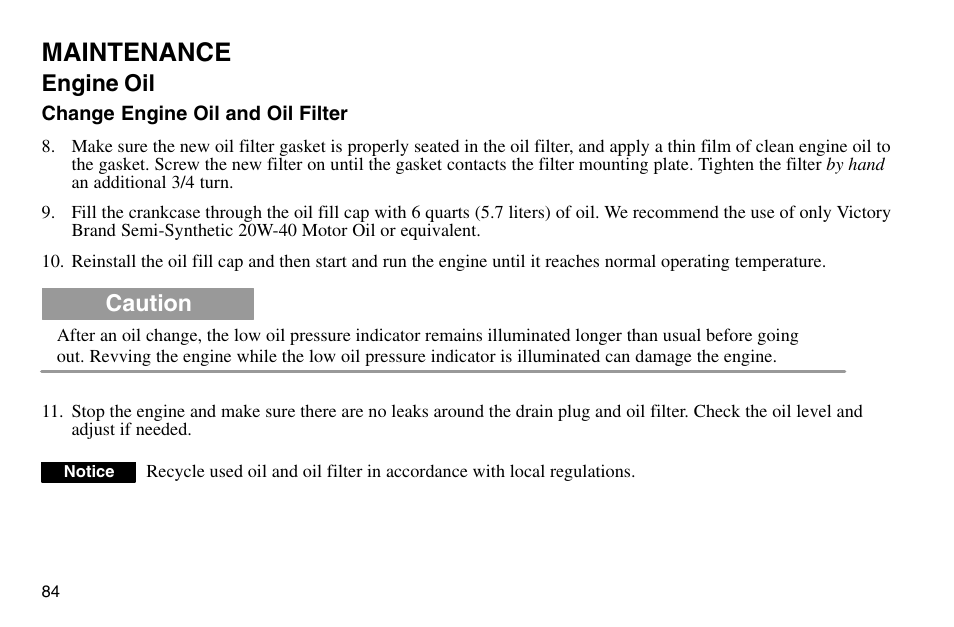 Maintenance, Engine oil, Caution | Polaris 2003 Victory Vegas User Manual | Page 86 / 164