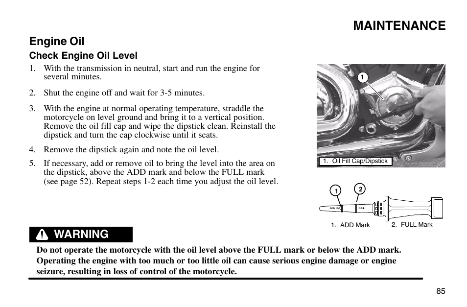 Maintenance, Engine oil, Warning | Polaris 2003 Victory Vegas User Manual | Page 87 / 164