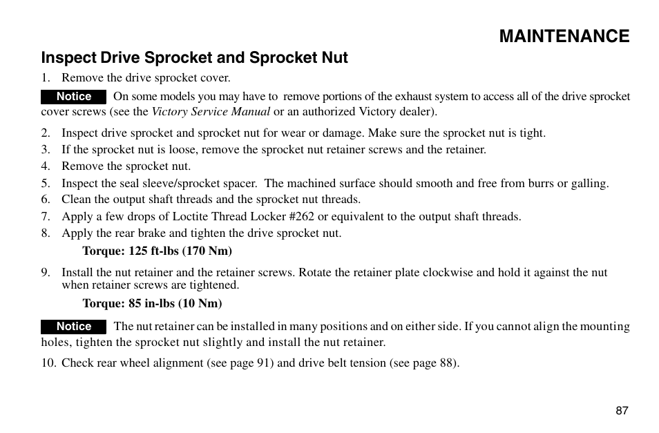 Maintenance, Inspect drive sprocket and sprocket nut | Polaris 2003 Victory Vegas User Manual | Page 89 / 164