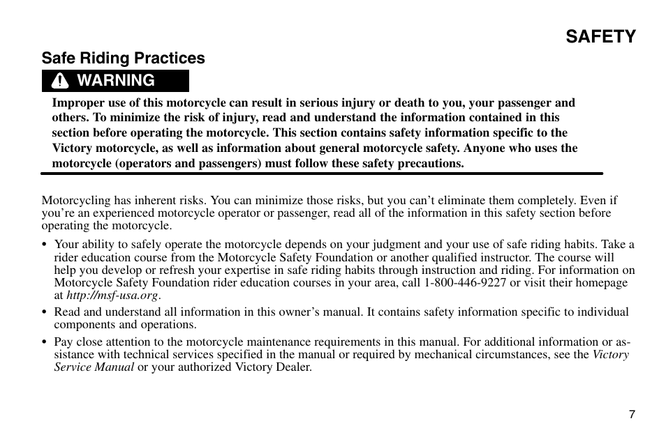 Safety, Safe riding practices, Warning | Polaris 2003 Victory Vegas User Manual | Page 9 / 164