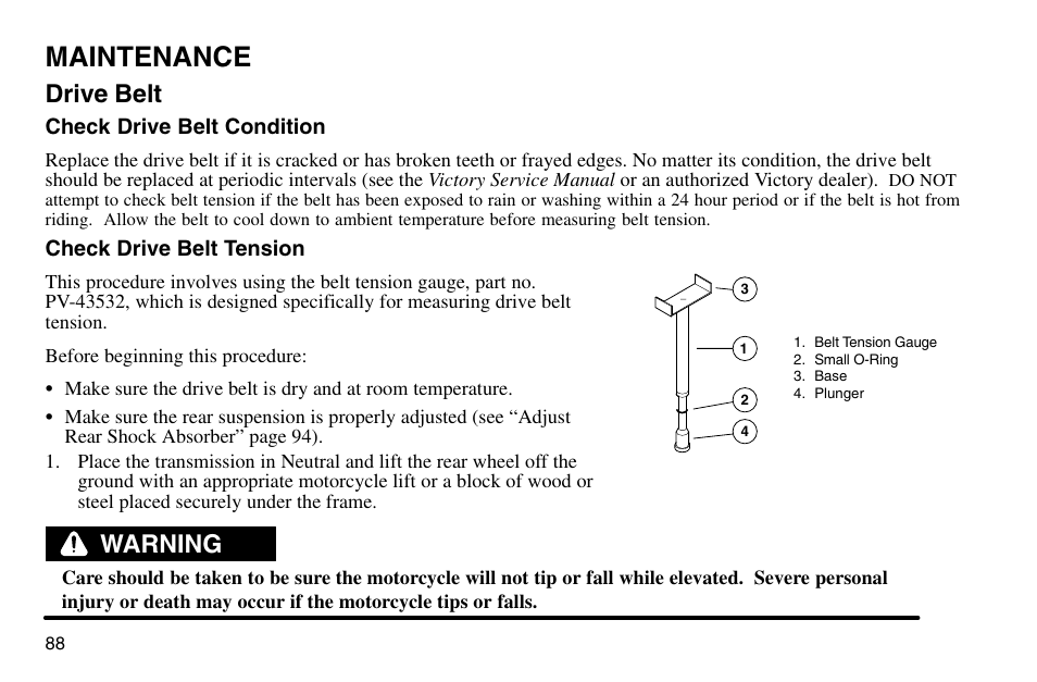 Maintenance, Drive belt, Warning | Polaris 2003 Victory Vegas User Manual | Page 90 / 164