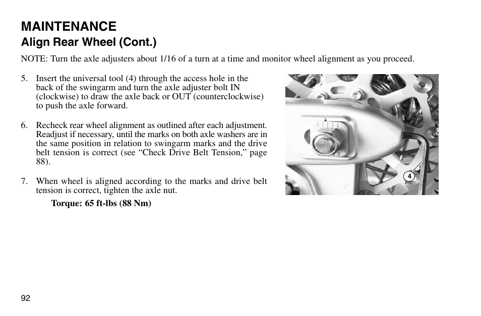 Maintenance, Align rear wheel (cont.) | Polaris 2003 Victory Vegas User Manual | Page 94 / 164