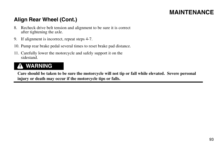 Maintenance, Align rear wheel (cont.), Warning | Polaris 2003 Victory Vegas User Manual | Page 95 / 164