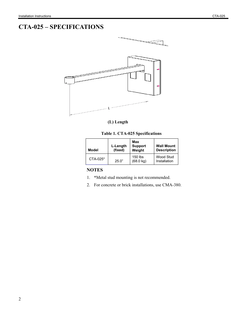 Cta-025 – specifications | Chief Manufacturing Single Stud Wall Arm CTA-025 User Manual | Page 2 / 6