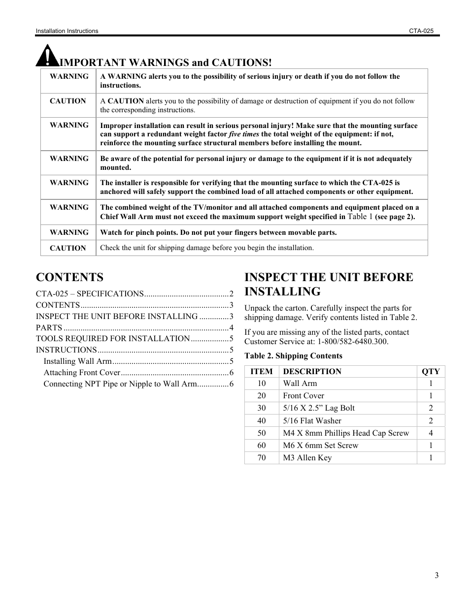 Chief Manufacturing Single Stud Wall Arm CTA-025 User Manual | Page 3 / 6