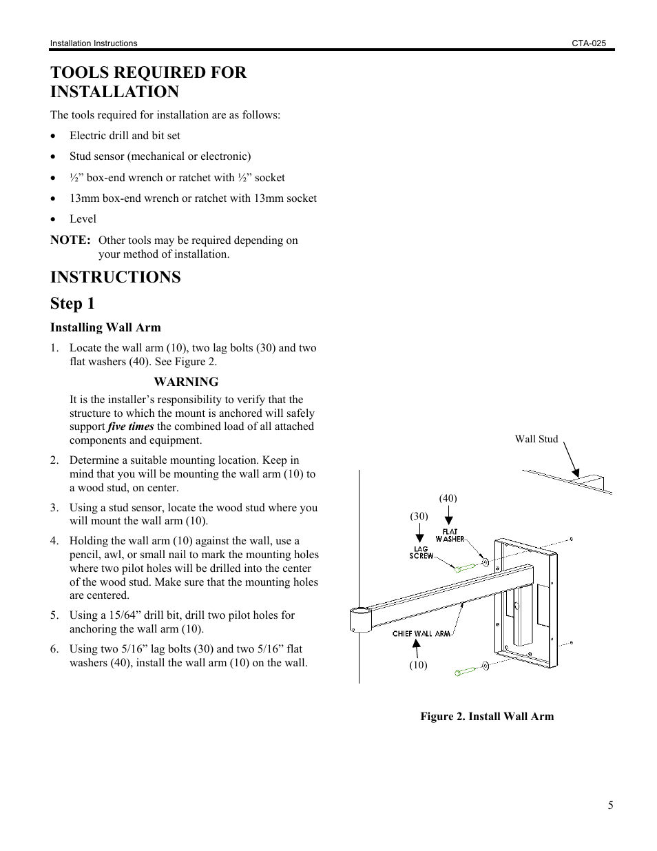 Tools required for installation, Instructions step 1 | Chief Manufacturing Single Stud Wall Arm CTA-025 User Manual | Page 5 / 6