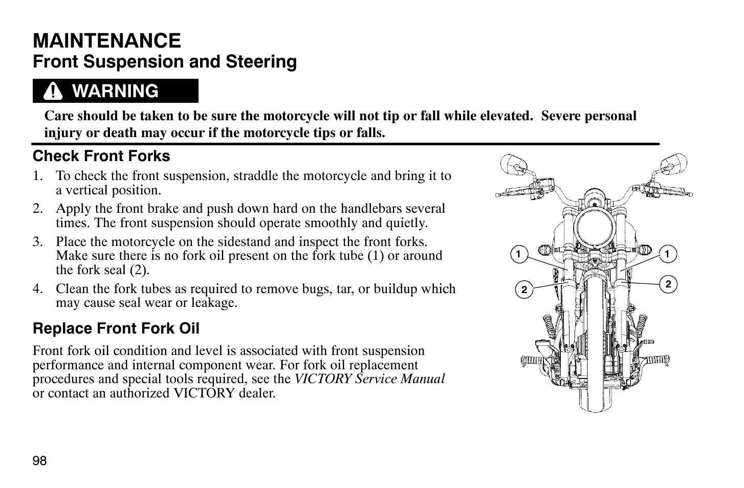 Maintenance, Front suspension and steering, Warning | Polaris 2004 Victory Vegas User Manual | Page 100 / 165