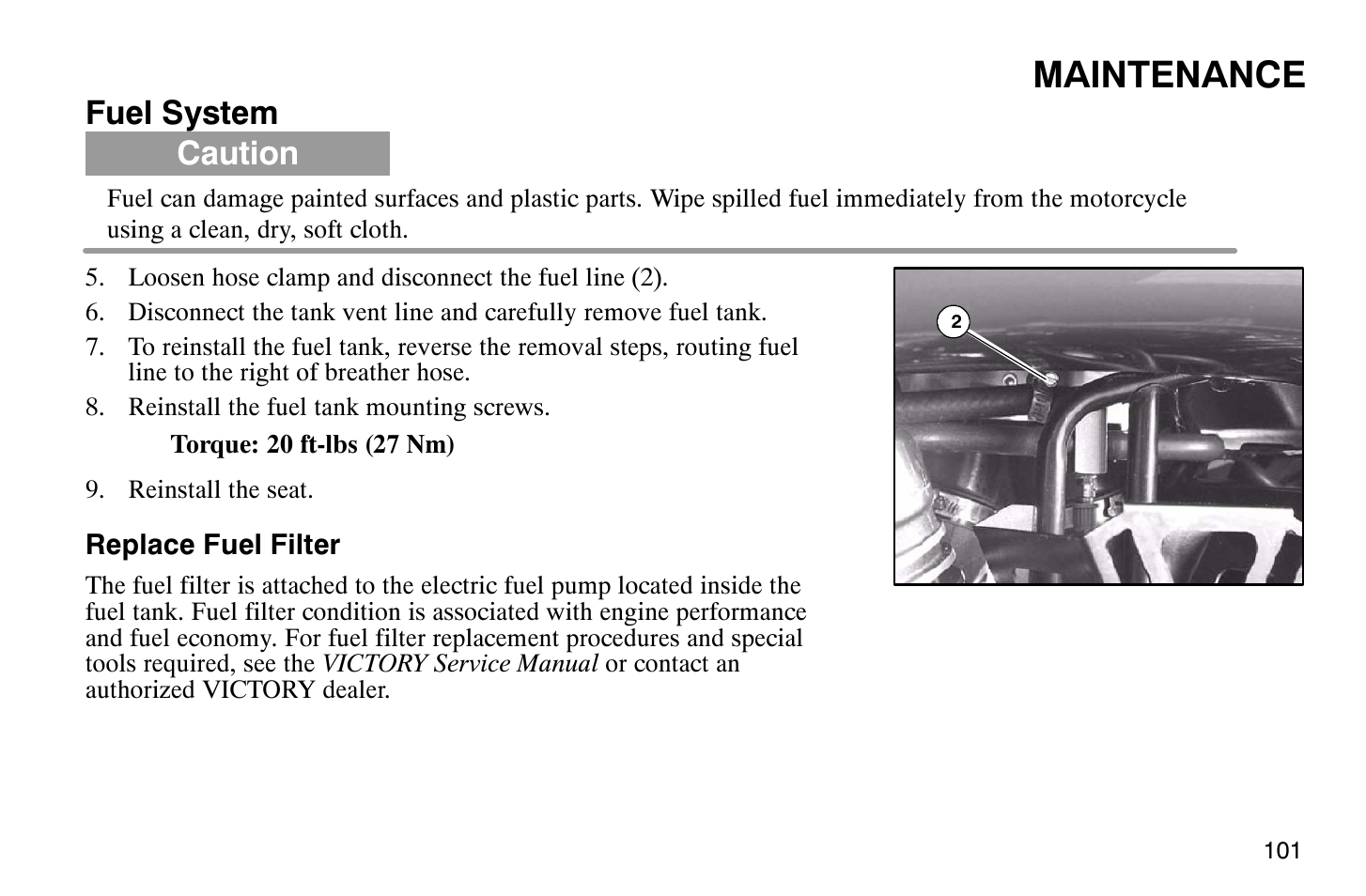 Maintenance, Fuel system, Caution | Polaris 2004 Victory Vegas User Manual | Page 103 / 165