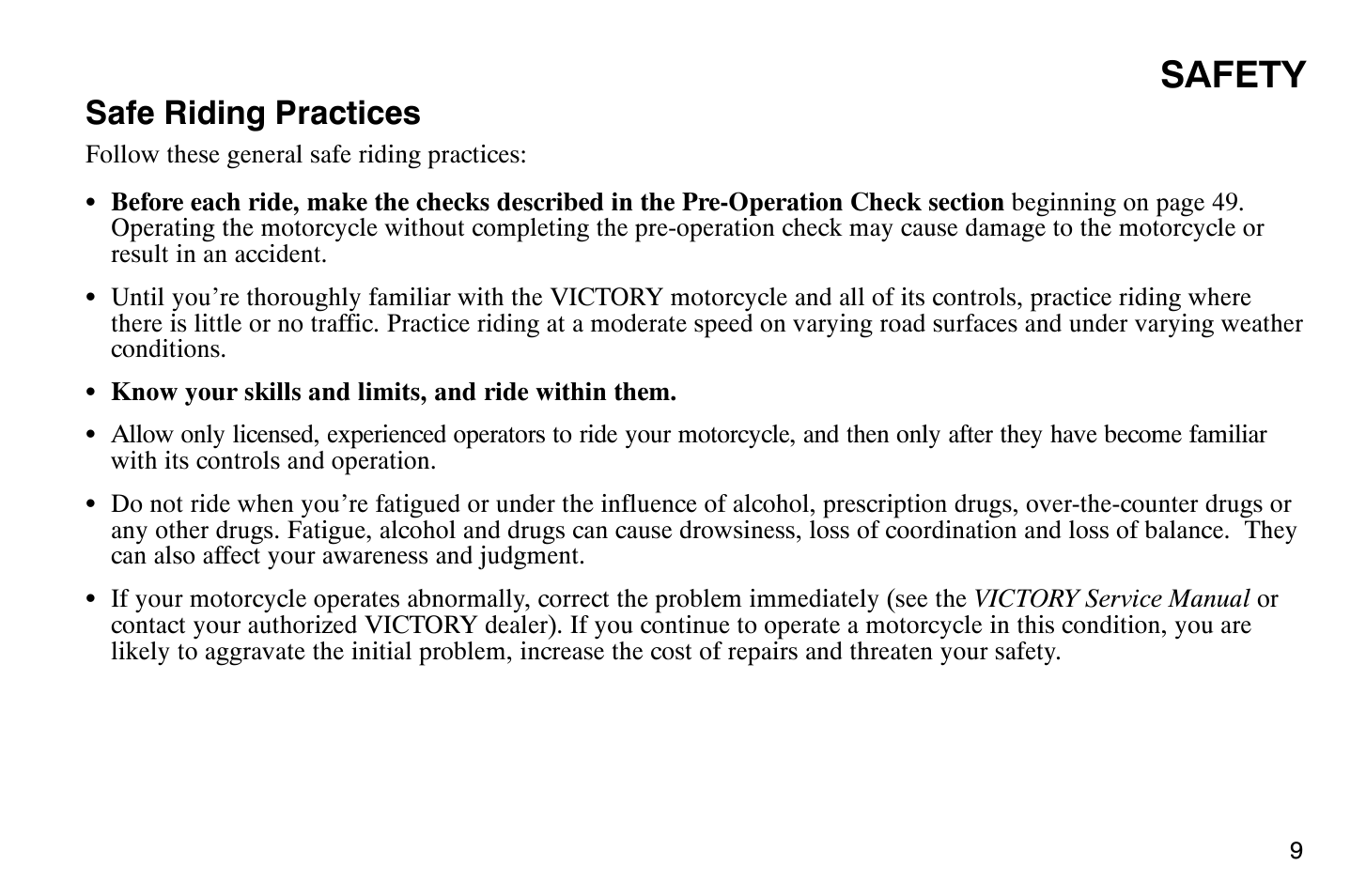 Safety, Safe riding practices | Polaris 2004 Victory Vegas User Manual | Page 11 / 165