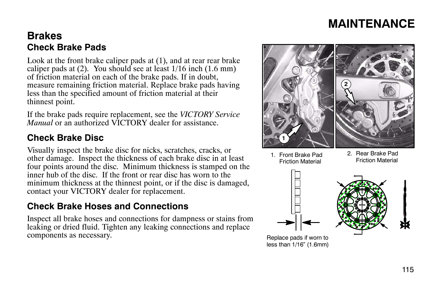 Maintenance, Brakes | Polaris 2004 Victory Vegas User Manual | Page 117 / 165