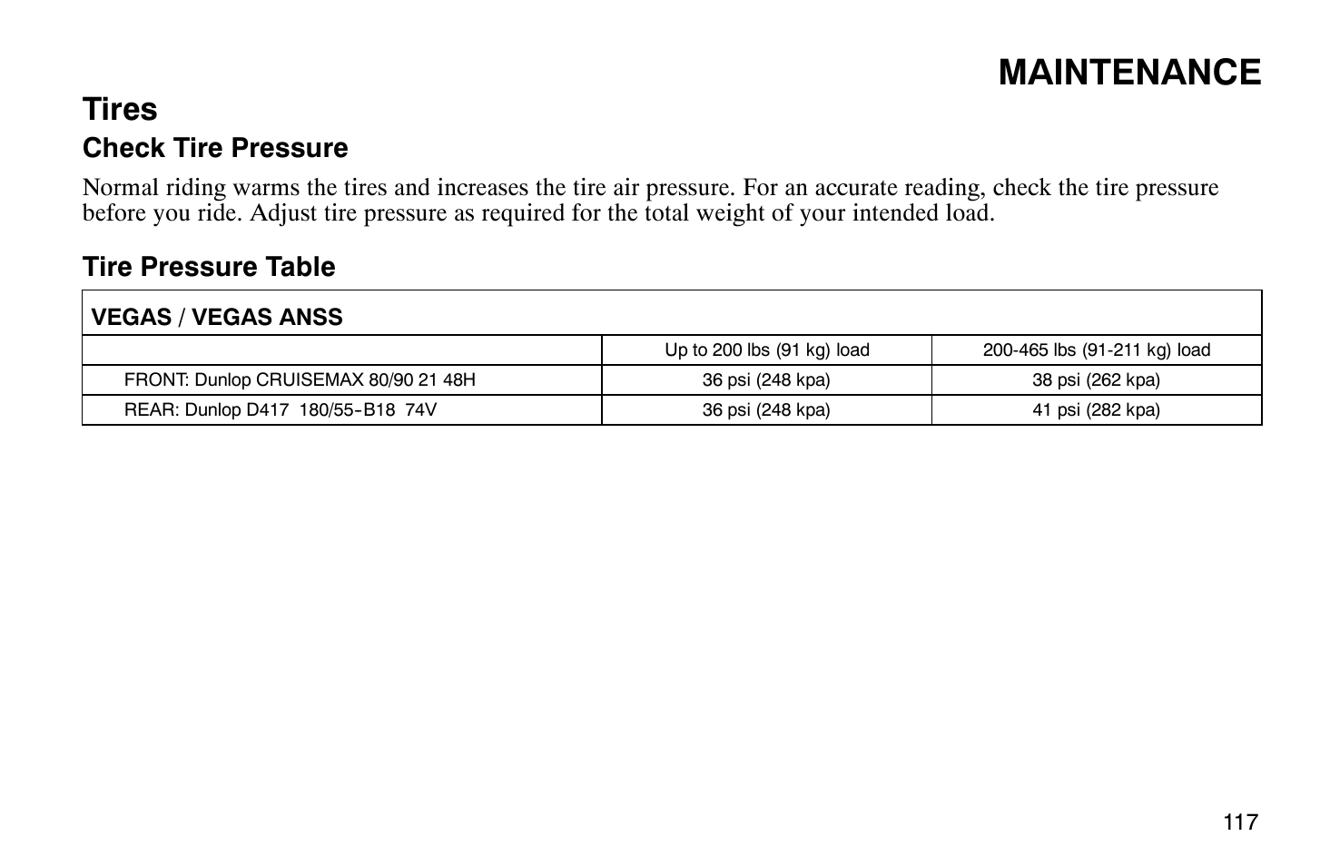 Maintenance, Tires, Check tire pressure | Tire pressure table | Polaris 2004 Victory Vegas User Manual | Page 119 / 165