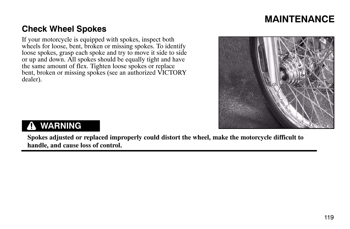 Maintenance, Check wheel spokes, Warning | Polaris 2004 Victory Vegas User Manual | Page 121 / 165