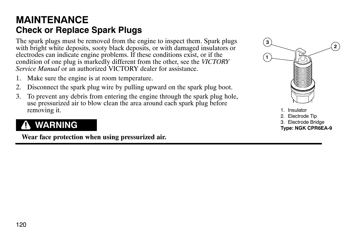 Maintenance, Check or replace spark plugs, Warning | Polaris 2004 Victory Vegas User Manual | Page 122 / 165