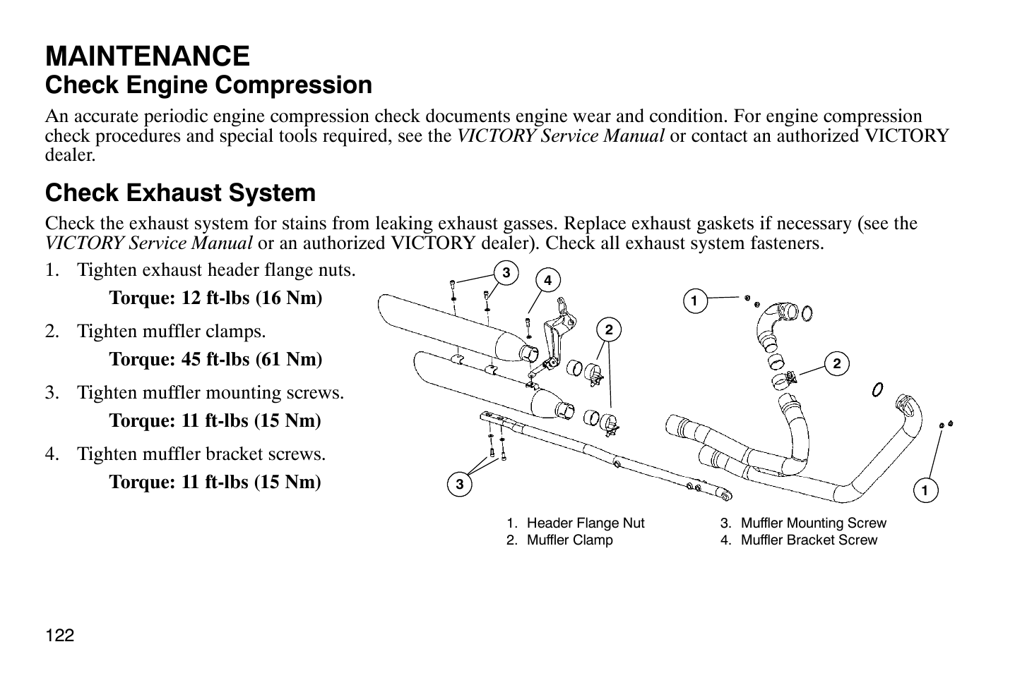 Maintenance, Check engine compression, Check exhaust system | Polaris 2004 Victory Vegas User Manual | Page 124 / 165
