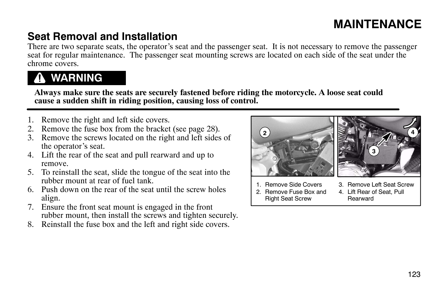 Maintenance, Seat removal and installation, Warning | Polaris 2004 Victory Vegas User Manual | Page 125 / 165