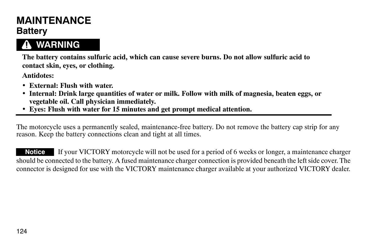 Maintenance, Battery, Warning | Polaris 2004 Victory Vegas User Manual | Page 126 / 165