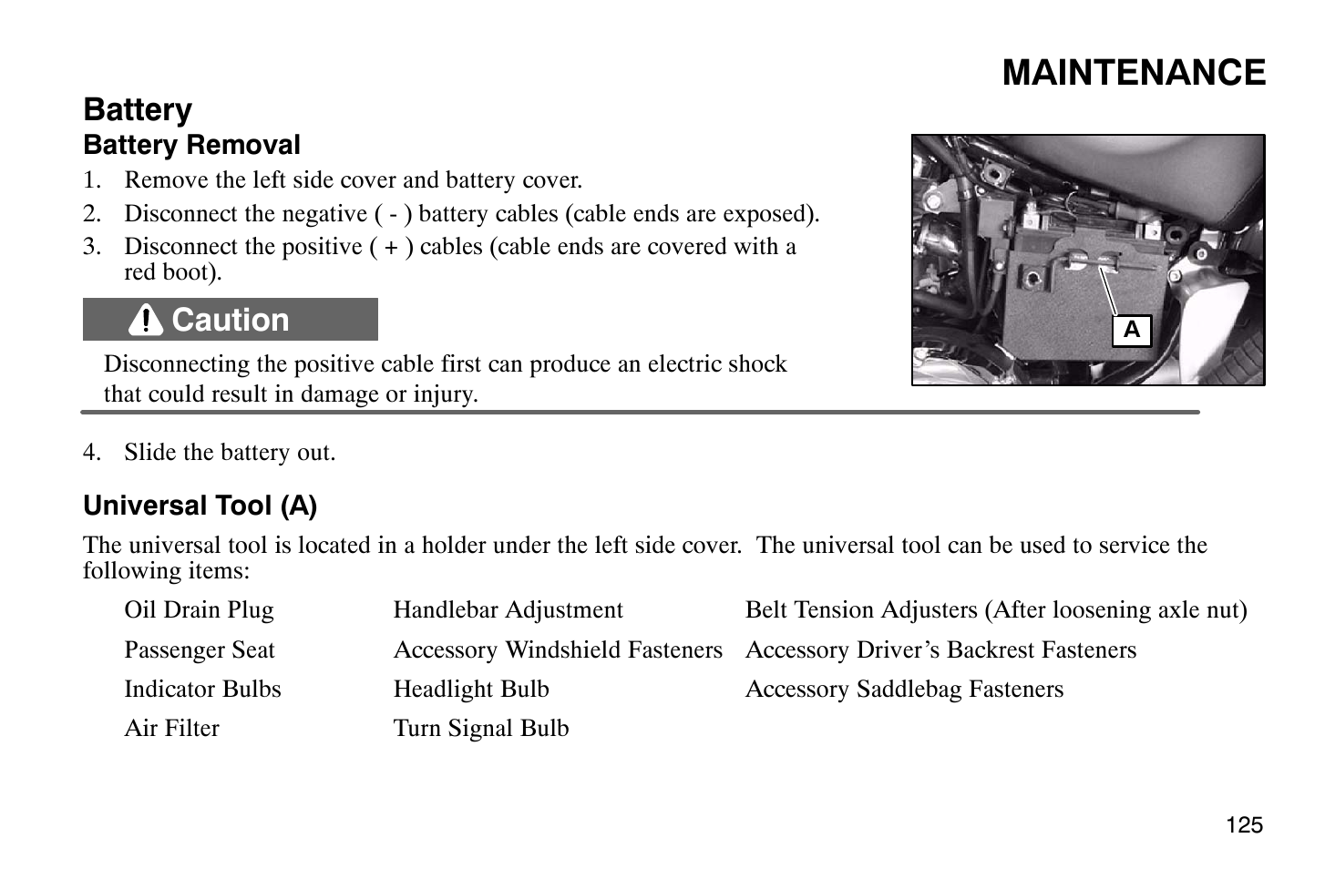 Maintenance, Battery, Caution | Polaris 2004 Victory Vegas User Manual | Page 127 / 165