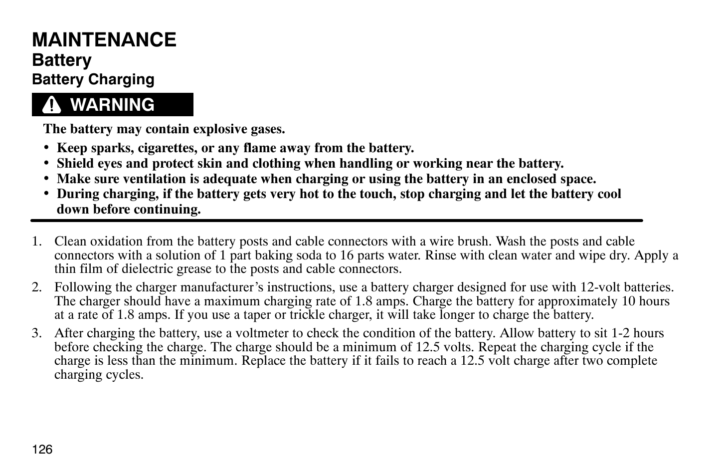 Maintenance, Battery, Warning | Polaris 2004 Victory Vegas User Manual | Page 128 / 165