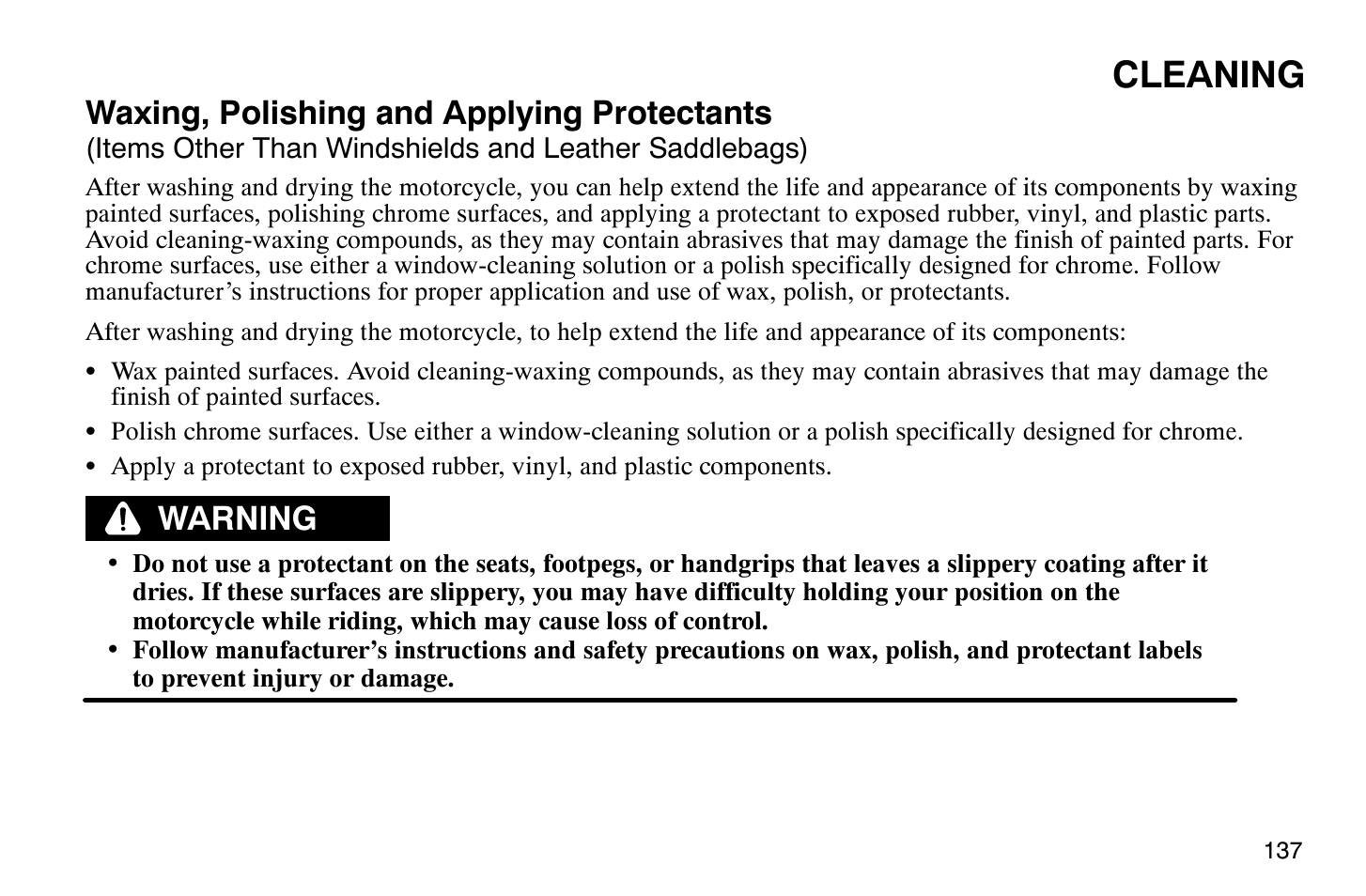Cleaning, Waxing, polishing and applying protectants, Warning | Polaris 2004 Victory Vegas User Manual | Page 139 / 165