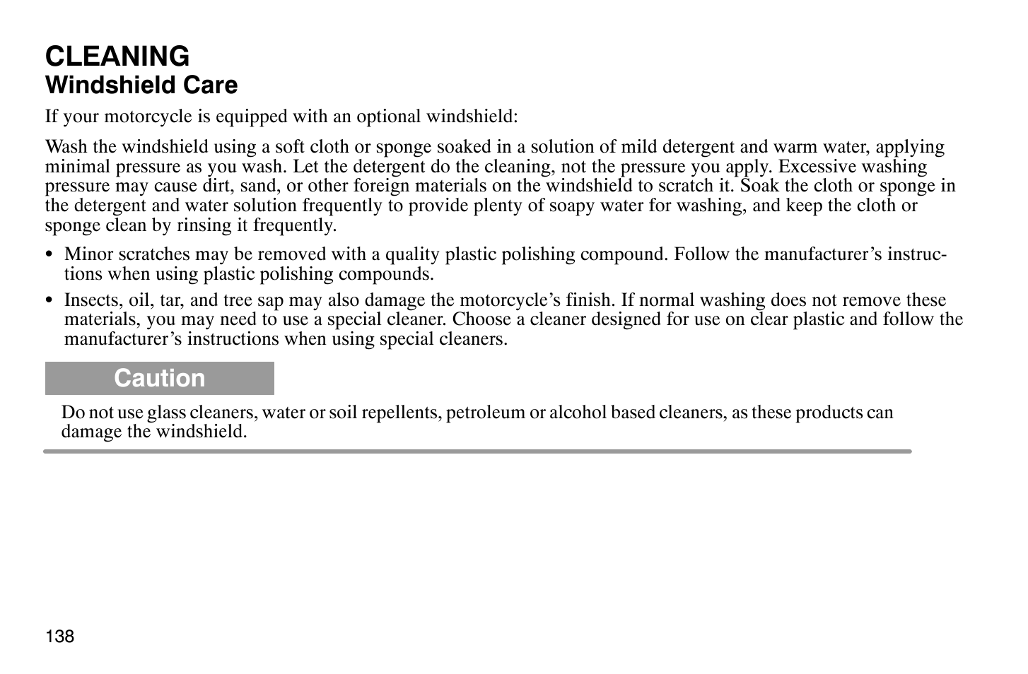 Cleaning, Windshield care, Caution | Polaris 2004 Victory Vegas User Manual | Page 140 / 165