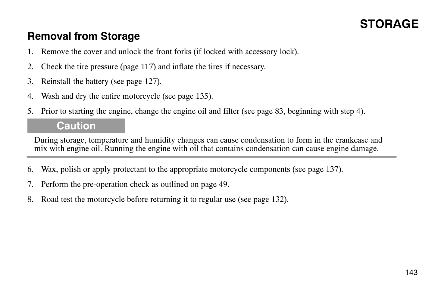 Storage, Removal from storage, Caution | Polaris 2004 Victory Vegas User Manual | Page 145 / 165