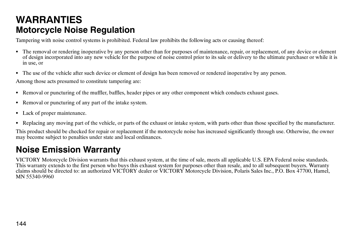 Warranties, Motorcycle noise regulation, Noise emission warranty | Polaris 2004 Victory Vegas User Manual | Page 146 / 165