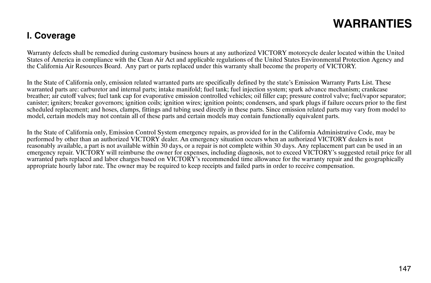 Warranties, I. coverage | Polaris 2004 Victory Vegas User Manual | Page 149 / 165