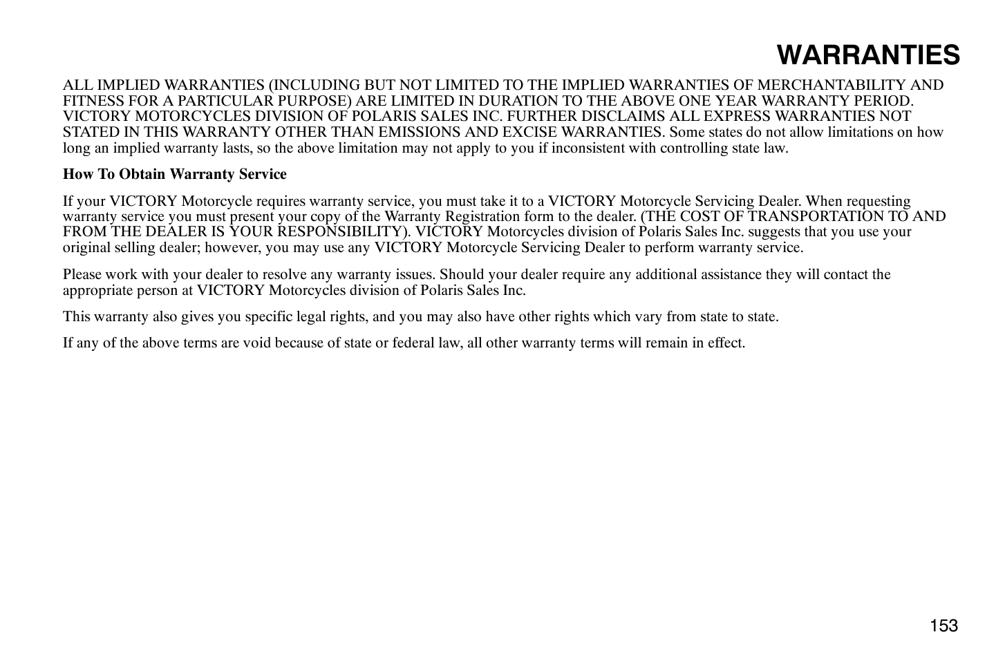Warranties | Polaris 2004 Victory Vegas User Manual | Page 155 / 165