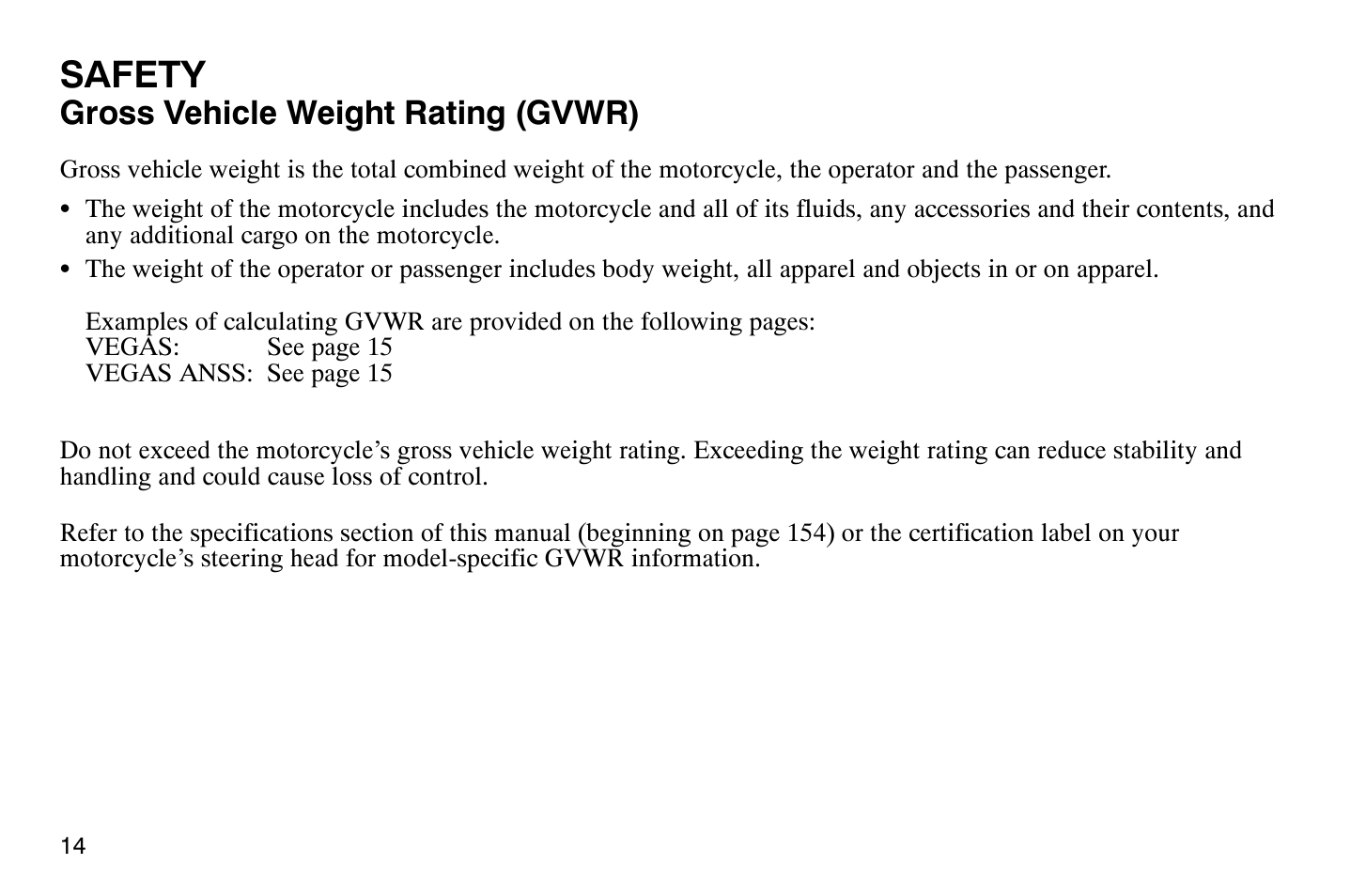 Safety, Gross vehicle weight rating (gvwr) | Polaris 2004 Victory Vegas User Manual | Page 16 / 165